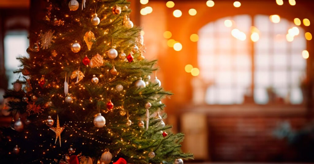 Фрагмент прикрашеної ялинки у святковій кімнаті