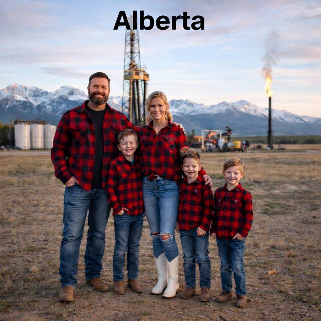 Сім'я в Альберті на тлі нафтової вишки та гір (ШІ)