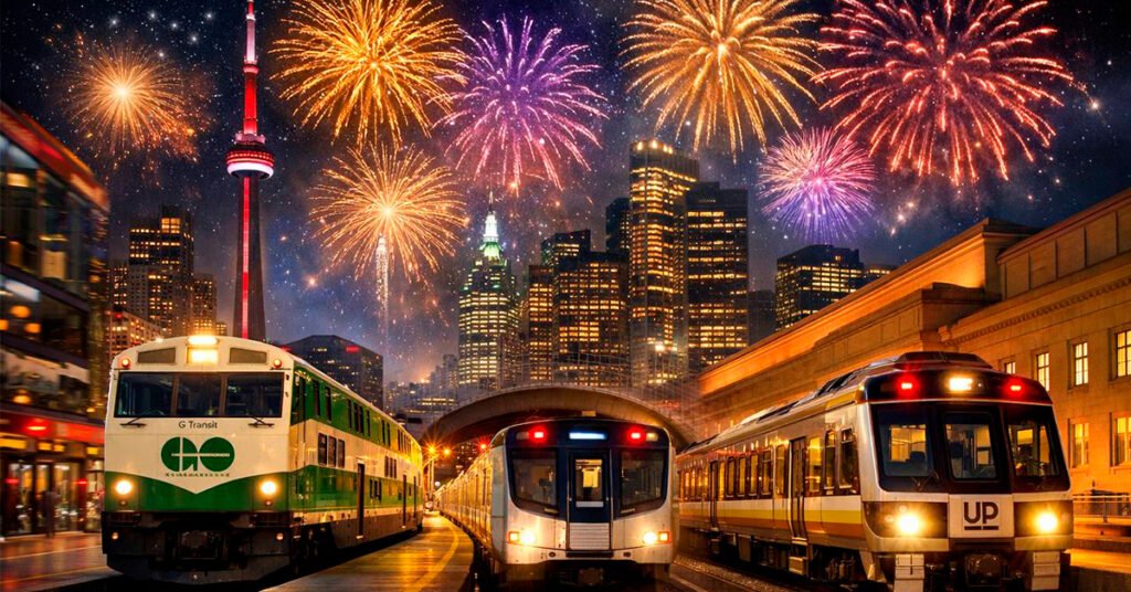 Сучасний поїзд метро TTC та електричка GO Transit на тлі святкового засніженого Торонто з новорічною ілюмінацією (зображення створене ШІ).