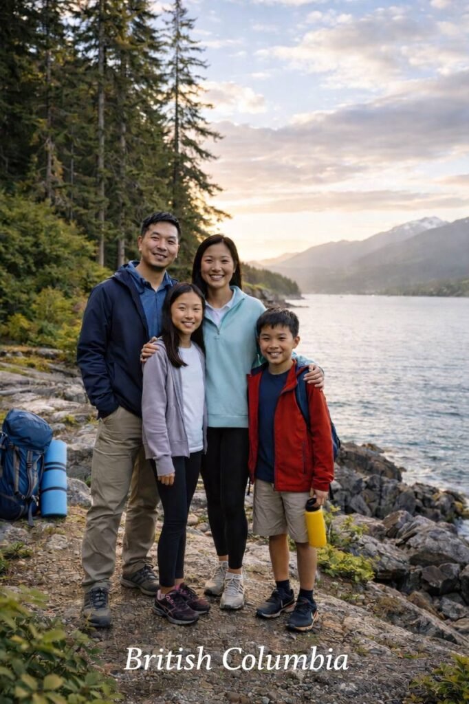 Сім'я азійського походження на тлі природи Британської Колумбії (ШІ)