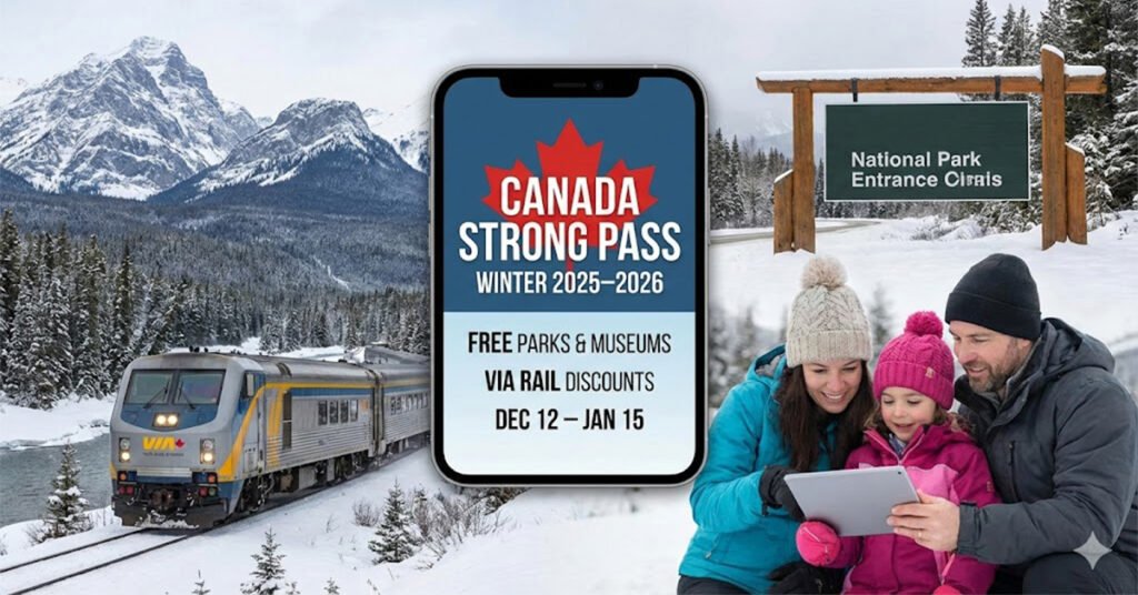 Ілюстрація згенерована ШІ: Canada Strong Pass 2025-2026, потяг VIA Rail та зимові розваги в парках Канади.