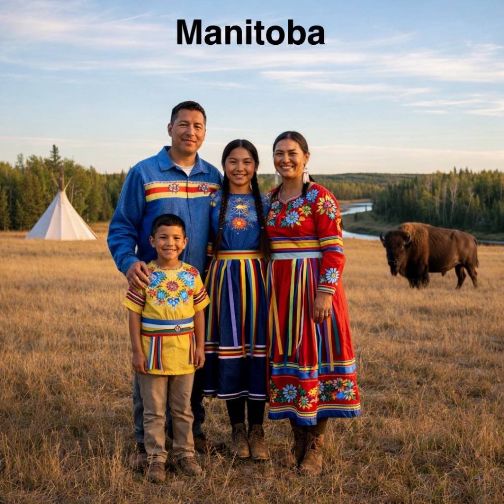 Сім'я корінних народів Канади у традиційному вбранні в Манітобі (ШІ).