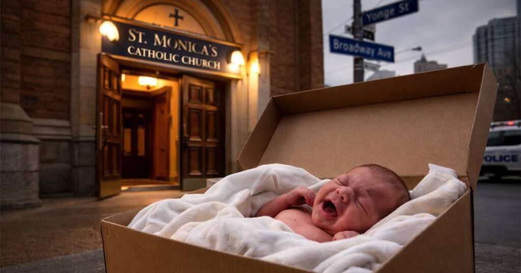 Немовля в коробці з-під взуття біля входу в Католицьку церкву Святої Моніки в Торонто на перехресті Yonge St та Broadway Ave (згенеровано ШІ).