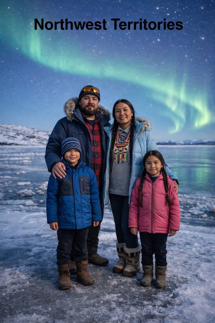 Сім'я на тлі північного сяйва в Північно-Західних територіях (ШІ