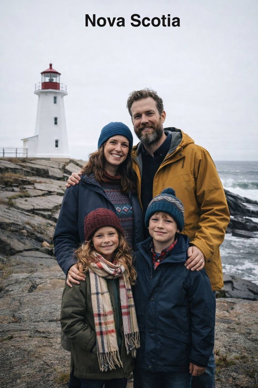 Сім'я біля маяка Peggys Cove на скелястому березі Нової Шотландії (ШІ).