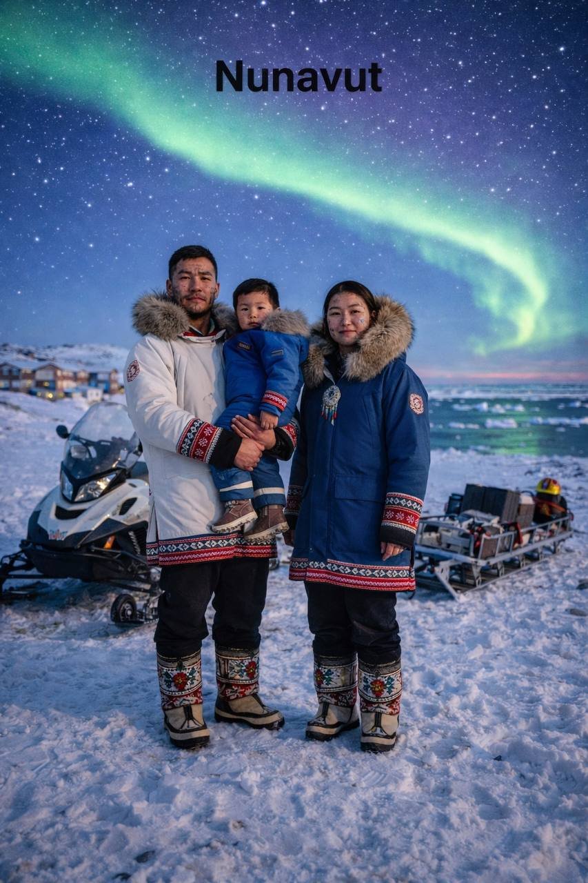 Сім'я інуїтів на тлі снігохода та північного сяйва в Нунавуті (ШІ).