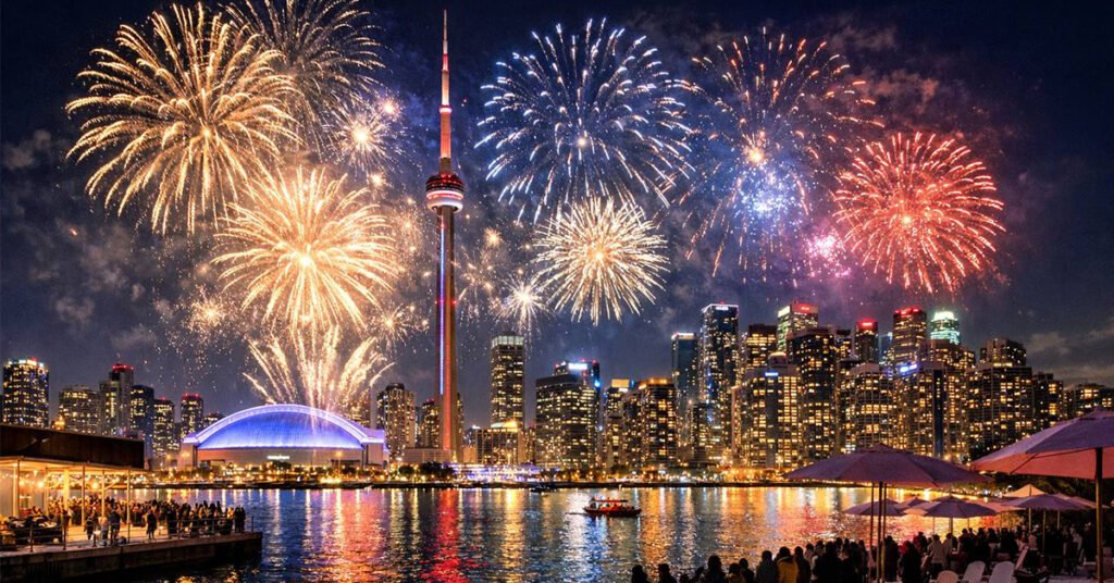 Футуристичне зображення новорічного феєрверка над набережною Торонто 2026 року, згенероване ШІ.