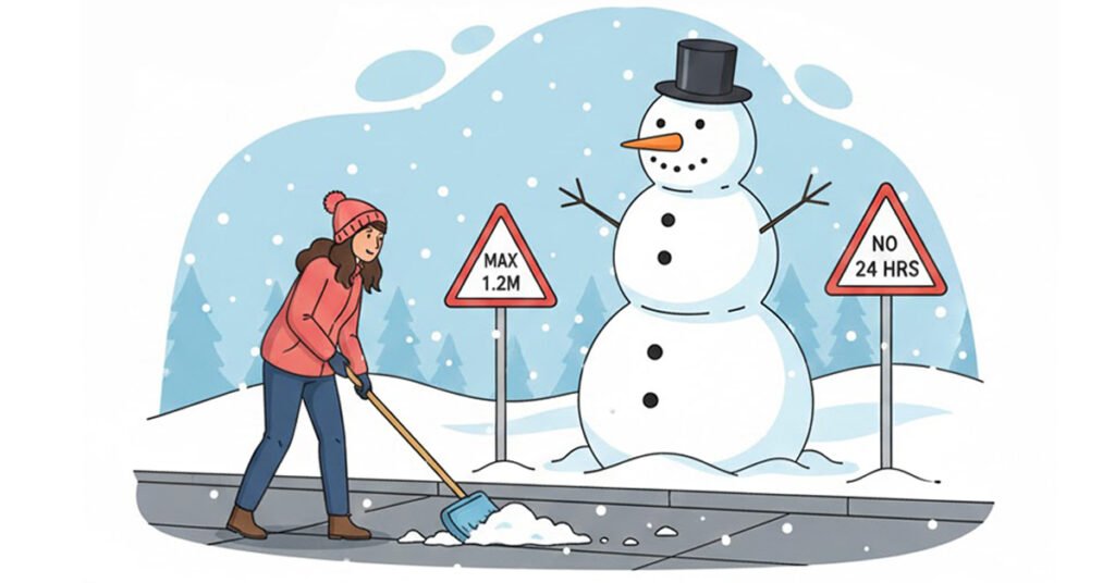 Дівчина розчищає сніг лопатою біля знаків про обмеження часу прибирання та висоти сніговика.