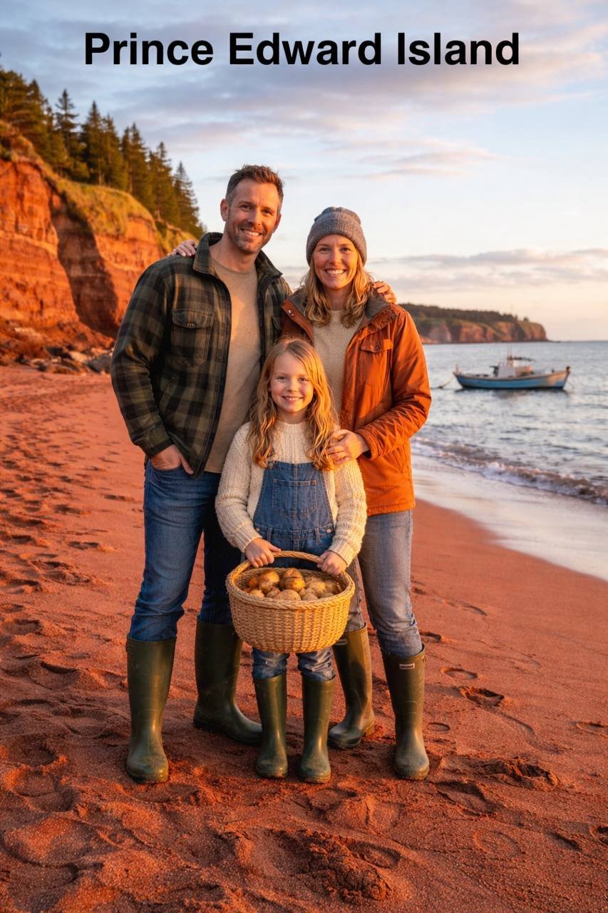 Сім'я з кошиком картоплі на березі з червоним піском, Острів Принца Едварда (ШІ).