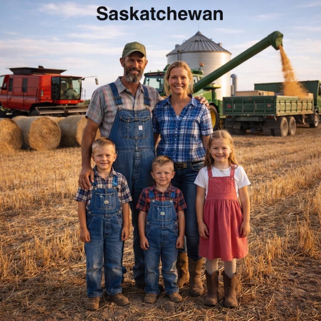 Фермерська сім'я в Саскачевані на тлі збору врожаю та елеватора (ШІ).