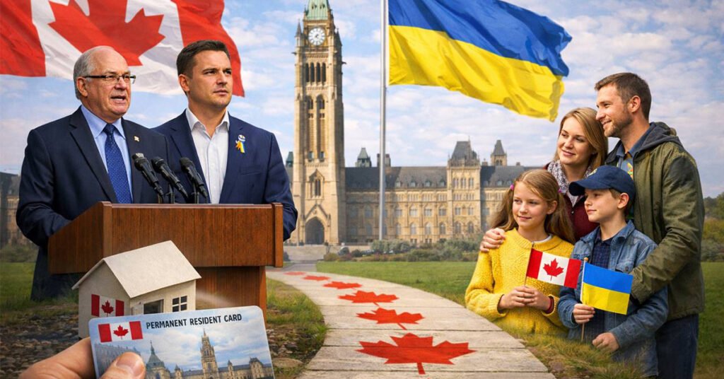 Прапор України та Канади на тлі будівлі Парламенту в Оттаві, стаття про шлях до ПМЖ після CUAET.