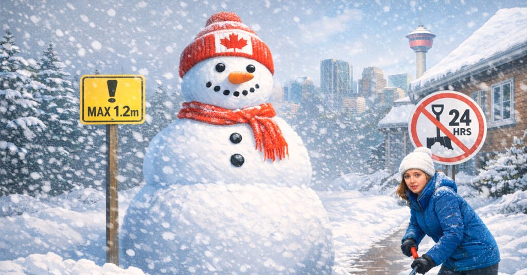 Гігантський сніговик у шарфі та шапці з канадським прапором біля знака "MAX 1.2m".