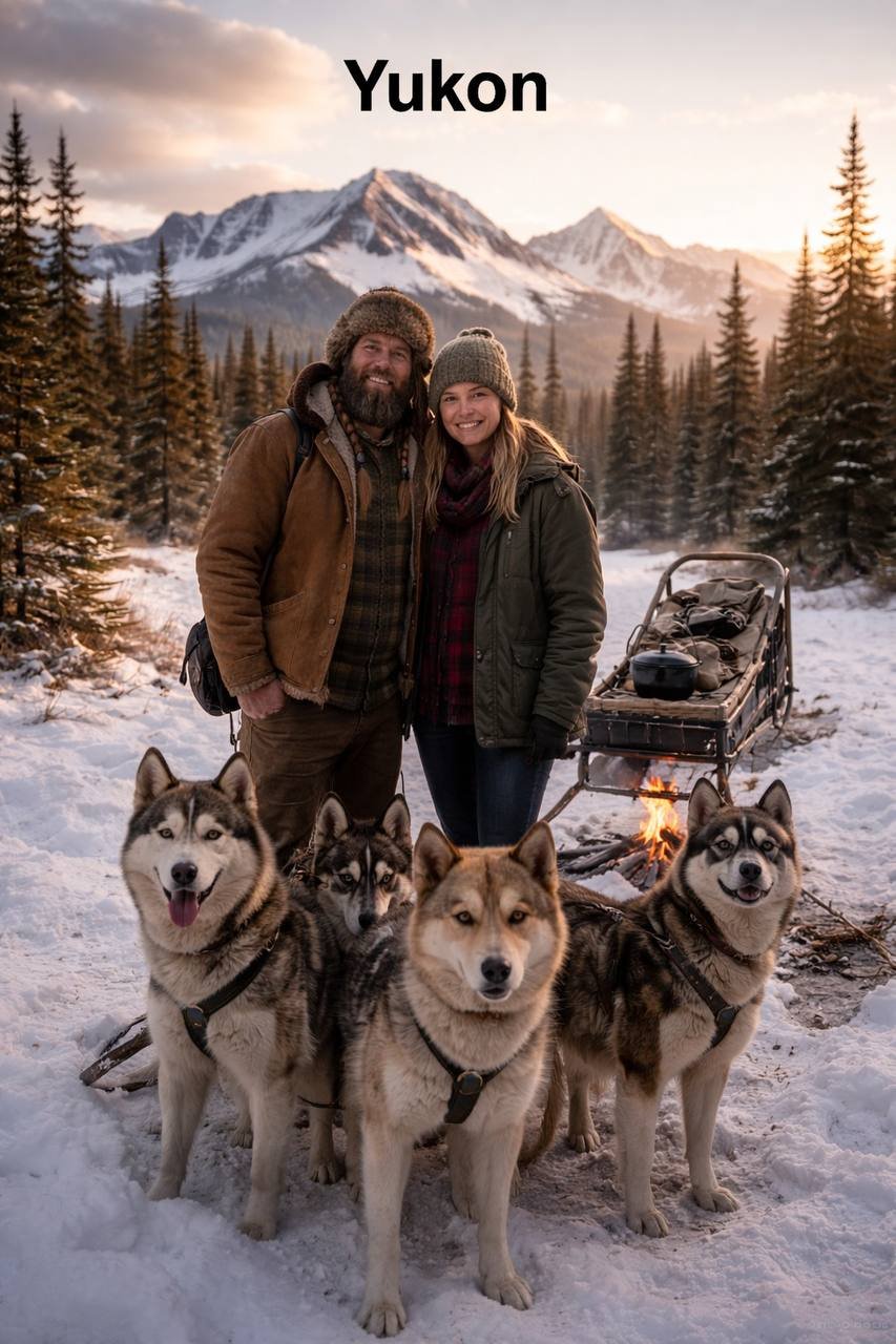 Сім'я мандрівників з собаками хаскі на засніженому Юконі (ШІ).