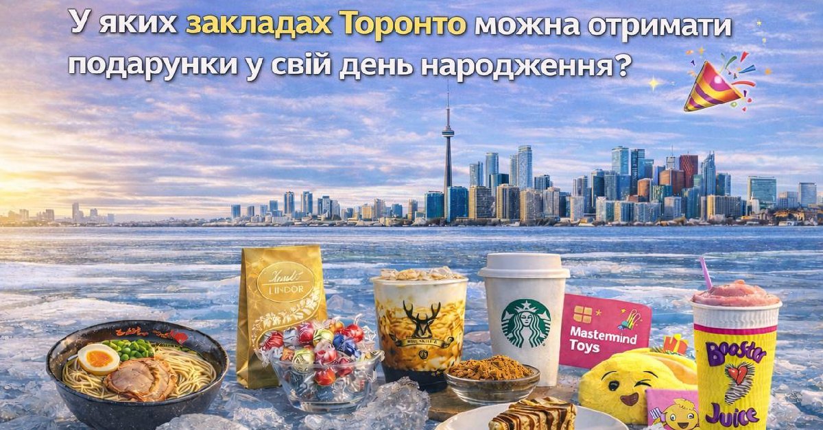 Колаж подарунків до дня народження в Торонто: Starbucks, Lindt, Booster Juice на фоні панорами міста.