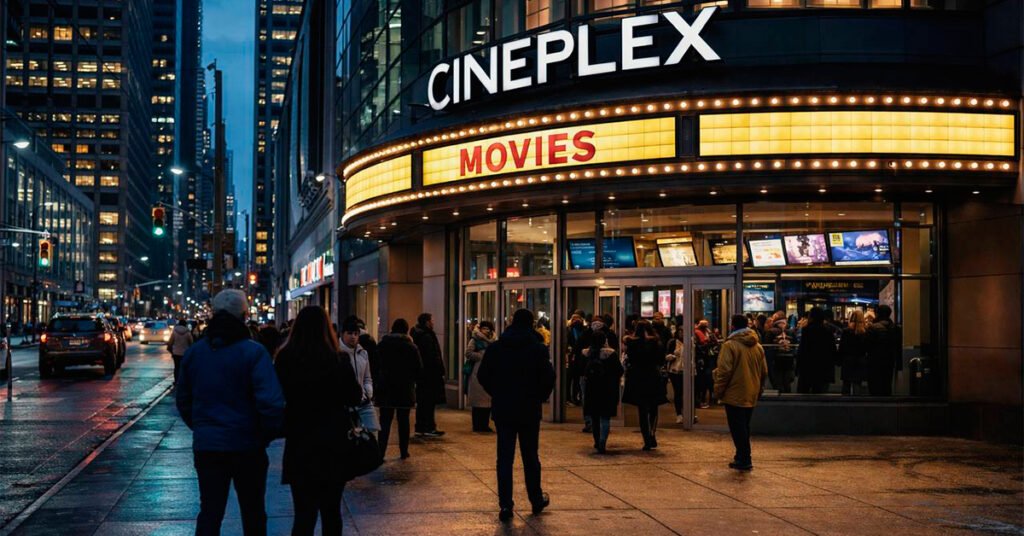 Зал кінотеатру Cineplex та відерце попкорну з логотипом акції $5 Tuesdays