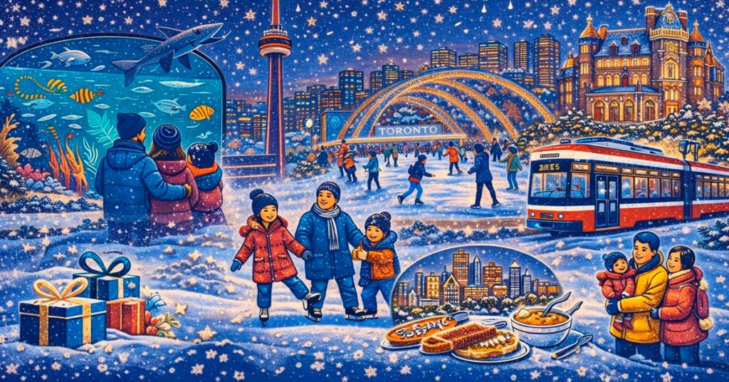 30 ідей куди піти з дітьми в Торонто: ковзанки, зоопарк, акваріум та зимові фестивалі. Згенеровано ШІ.