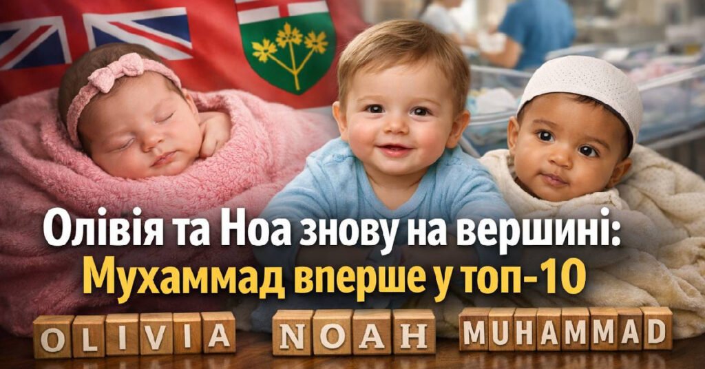 Найпопулярніші імена для дітей в Онтаріо: Олівія, Ноа та Мухаммад на фоні прапора провінції.