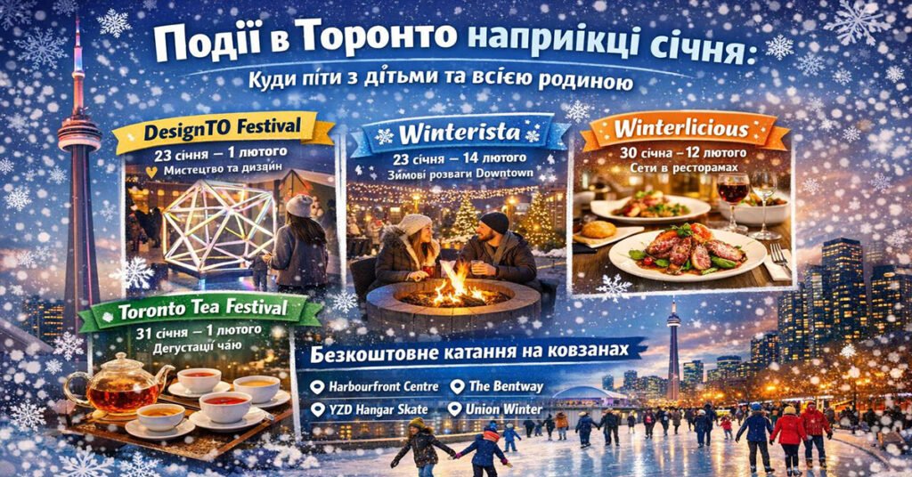 Інфографіка подій у Торонто наприкінці січня: фестивалі DesignTO, Winterista, Winterlicious та Tea Festival.