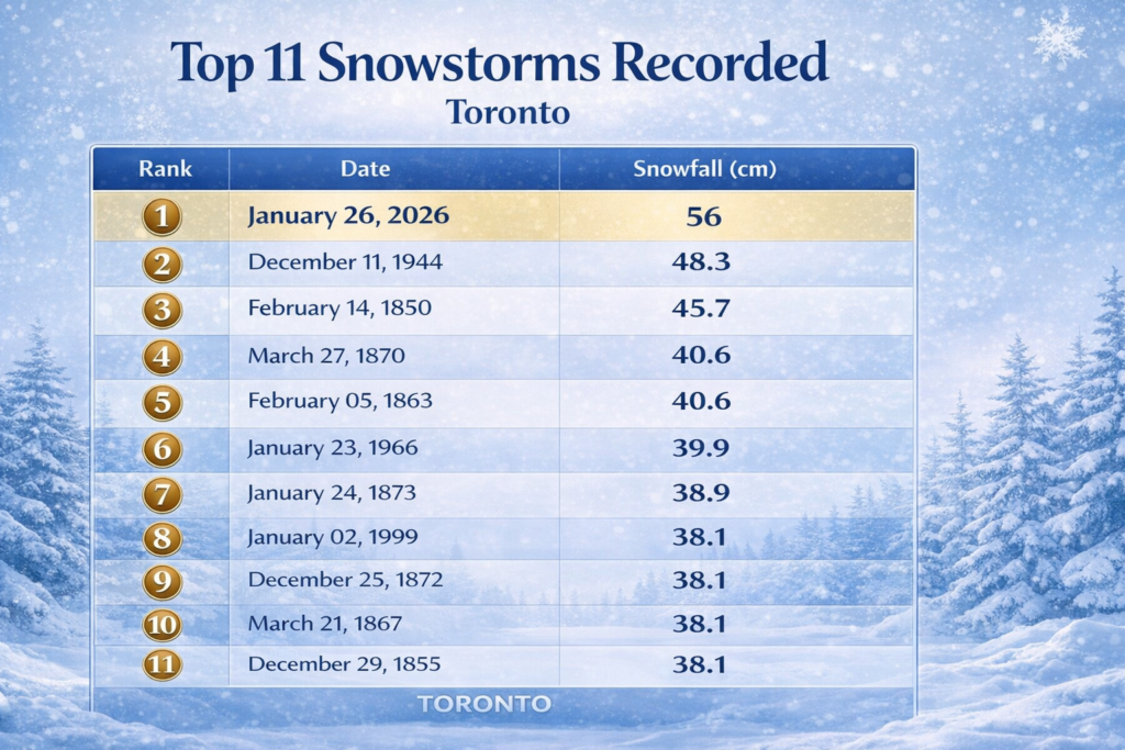 Таблиця десяти найбільших снігопадів у Торонто з 1850 по 2026 рік.