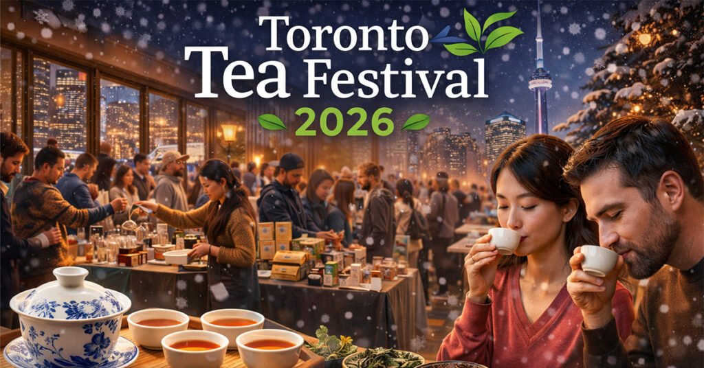 Відвідувачі дегустують чай на фоні нічного Торонто під час Toronto Tea Festival 2026. Зображення згенеровано ШІ.