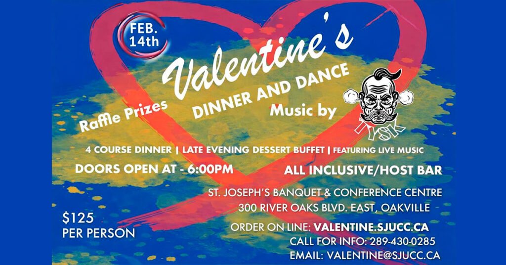Афіша заходу Valentine’s Dinner & Dance 14 лютого 2026 року в Оквілі з великим червоним серцем на фоні.