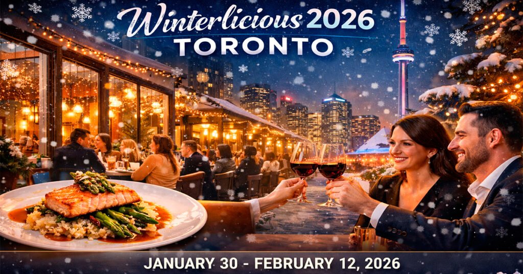 Вечеря під час фестивалю Winterlicious 2026 у Торонто: пара насолоджується вишуканими стравами та вином на фоні засніженого міста та CN Tower. Зображення згенеровано ШІ.