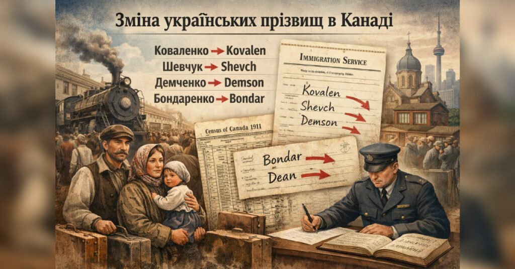 Інфографіка про зміну українських прізвищ у Канаді на прикладах Коваленко, Шевчук, Демченко та Бондаренко.