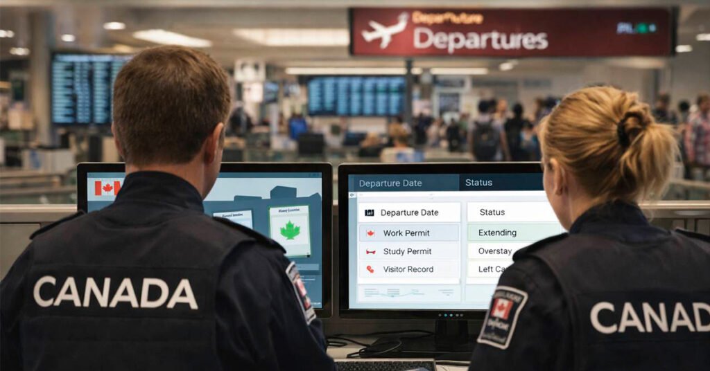 Офіцер прикордонної служби Канади перевіряє документи в аеропорту &mdash; плани щодо контролю виїзду тимчасових резидентів. Зображення згенеровано ШІ.