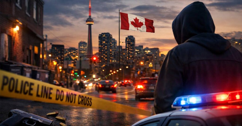 Карта Канади з позначками рівня злочинності та поліцейська стрічка &mdash; рейтинг Crime Index 2026.