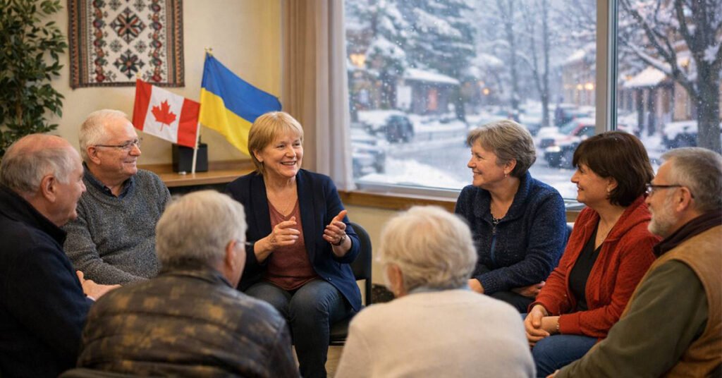 Група людей похилого віку спілкуються за чаєм — підтримка іммігрантів у Торонто.