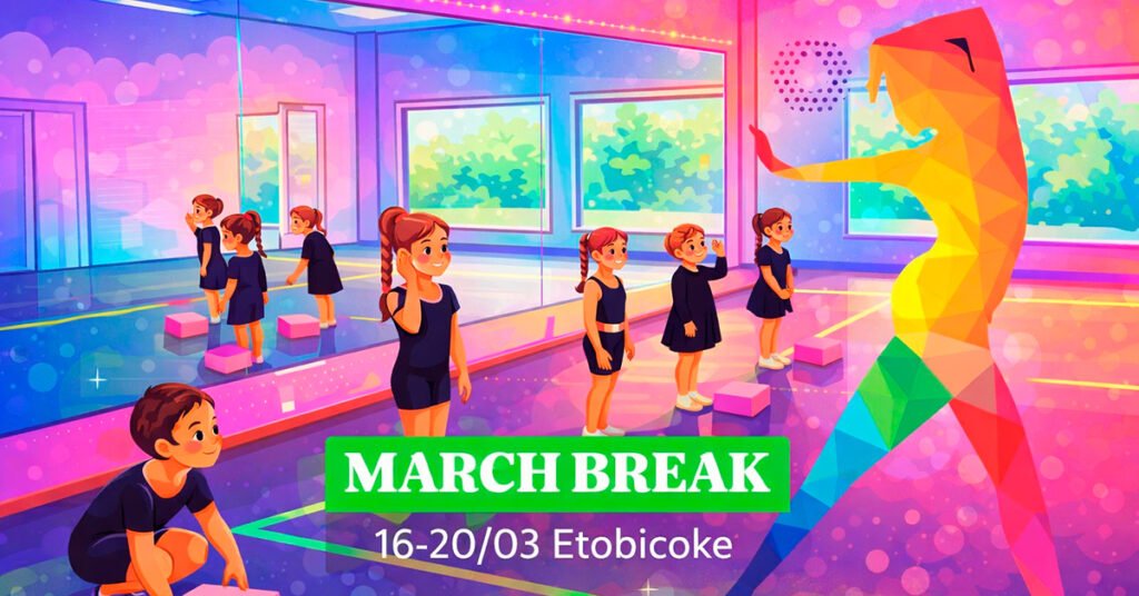 Діти танцюють у студії Dance Khruzina під час весняного кемпу в Торонто, зображення згенеровано ШІ.