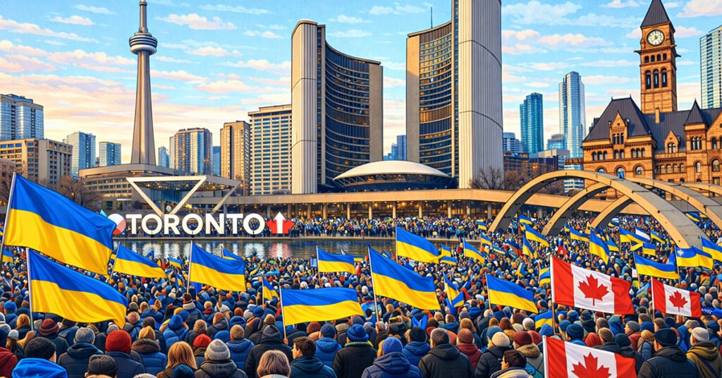 Учасники мітингу Rally for Ukraine у Торонто з українськими прапорами. Згенеровано ШІ.