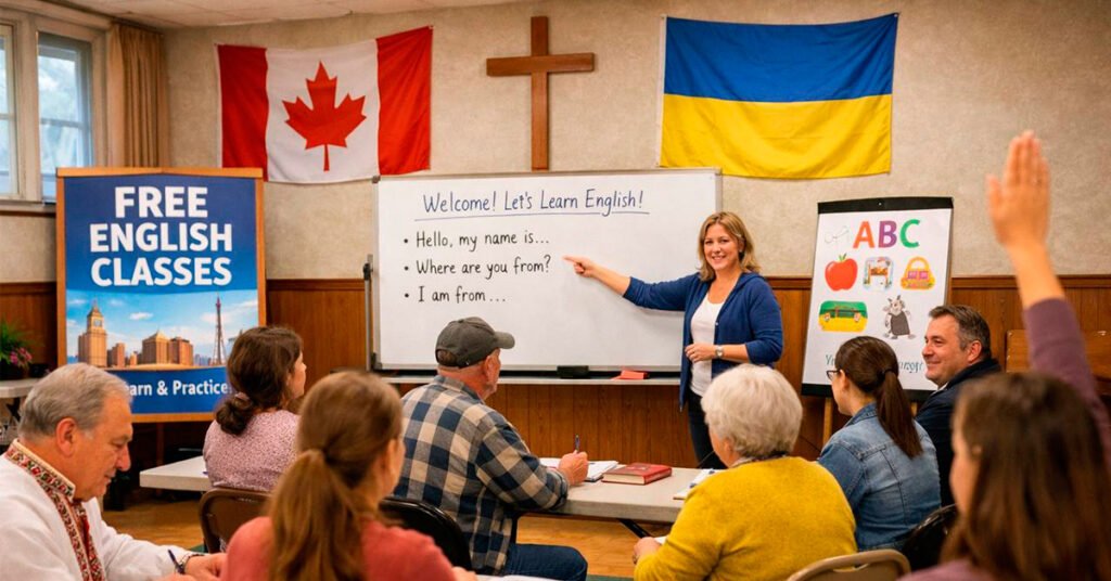 Вчителька біля дошки на безкоштовному уроці англійської мови для дорослих у Міссісазі