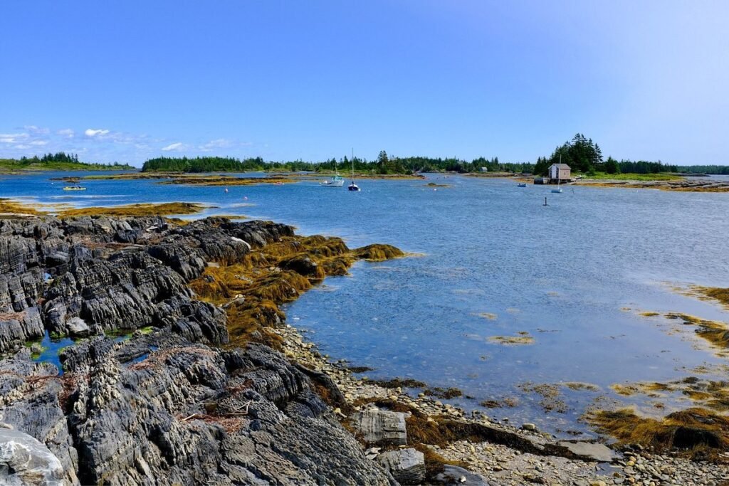 Скелястий берег Блу-Рокс у Новій Шотландії з човнами на фоні океану