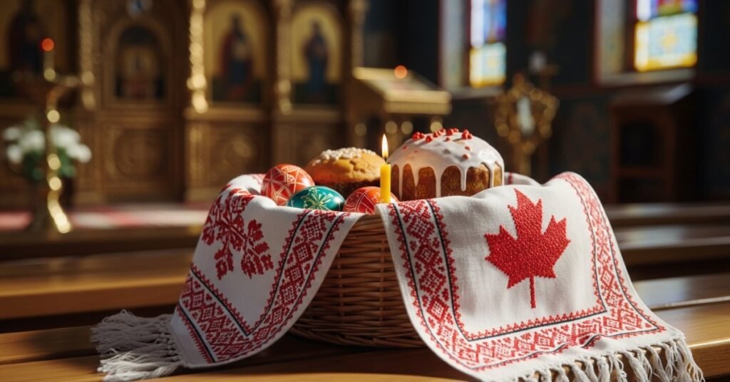 Великодній кошик із паскою та крашанками в українській церкві Торонто, Канада.