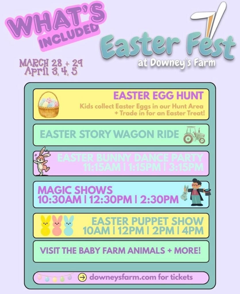 Інфографіка з розкладом заходів на великодньому фестивалі Downey’s Easterfest: пошук яєць, магічні шоу та вистави
