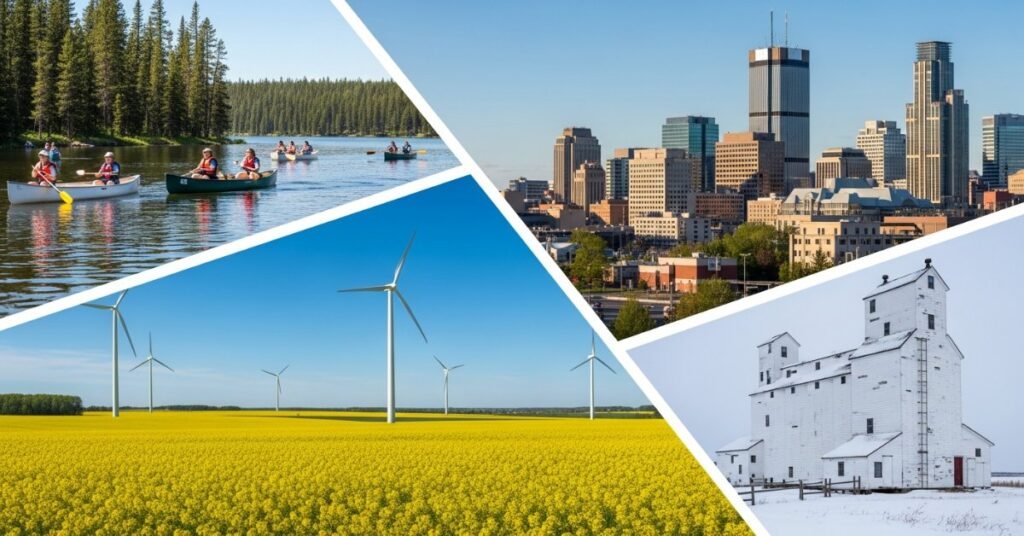 Колаж зображень Манітоби: каное на озері, панорама Вінніпега, поле каноли та сніжні елеватори