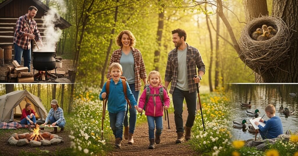 Родина з дітьми на весняній прогулянці в парку Онтаріо під час March Break, фестиваль кленового сиропу та кемпінг на фоні.