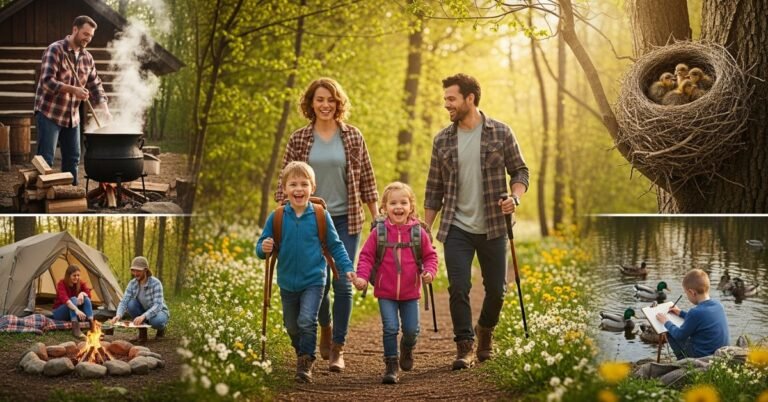 Родина з дітьми на весняній прогулянці в парку Онтаріо під час March Break, фестиваль кленового сиропу та кемпінг на фоні.