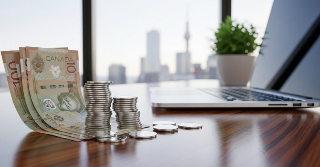 Канадські долари та монети на робочому столі в офісі як символ підвищення федеральної мінімальної зарплати.
