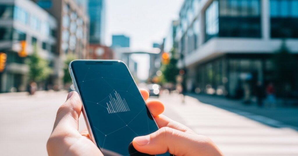 Людина тримає смартфон у сучасному канадському місті, що символізує доступний мобільний зв'язок та інтернет у Канаді.