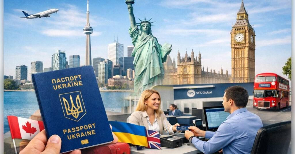 Український закордонний паспорт на фоні символіки Канади, США та Великої Британії