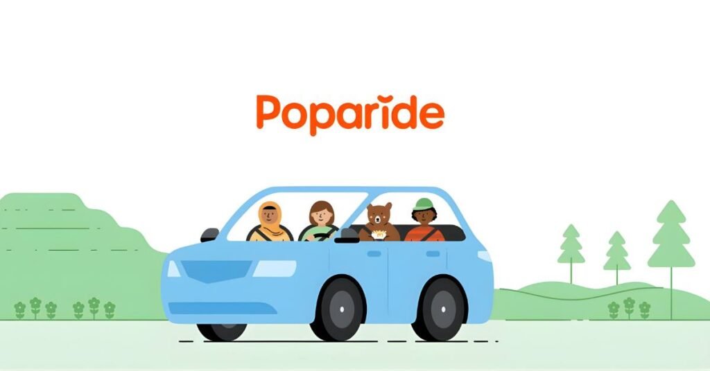 Графічна ілюстрація сервісу Poparide з блакитним авто та пасажирами
