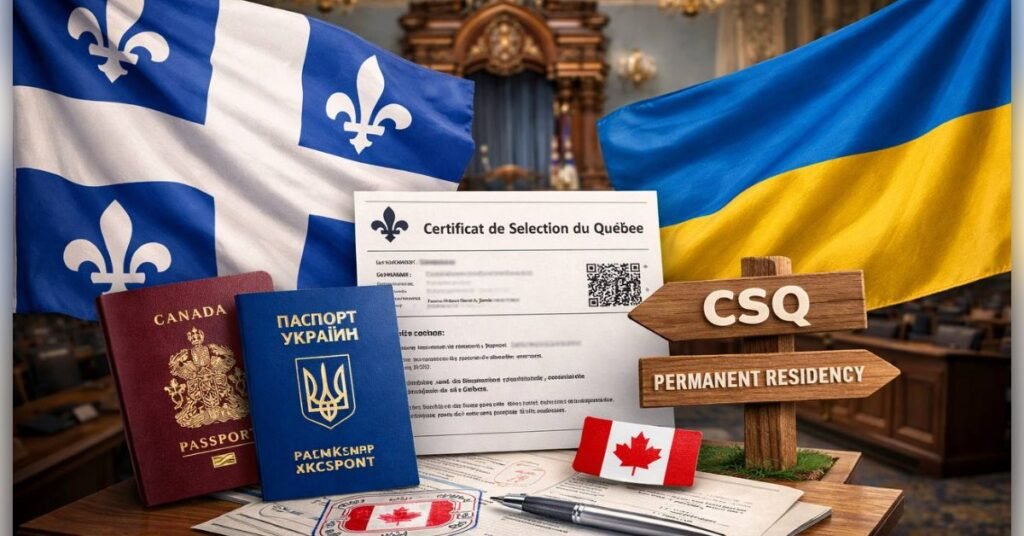 Будівля Національної асамблеї Квебеку та символічне зображення документів для отримання PR у Квебеку для українців