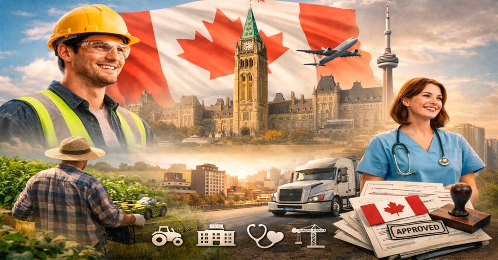 Колаж про програму TR to PR в Канаді: працівники, прапор, Парламент та схвалені документи на постійне проживання.