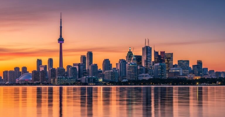 Панорамний вид на Торонто та озеро Онтаріо під час заходу сонця, що символізує економічні можливості провінції.
