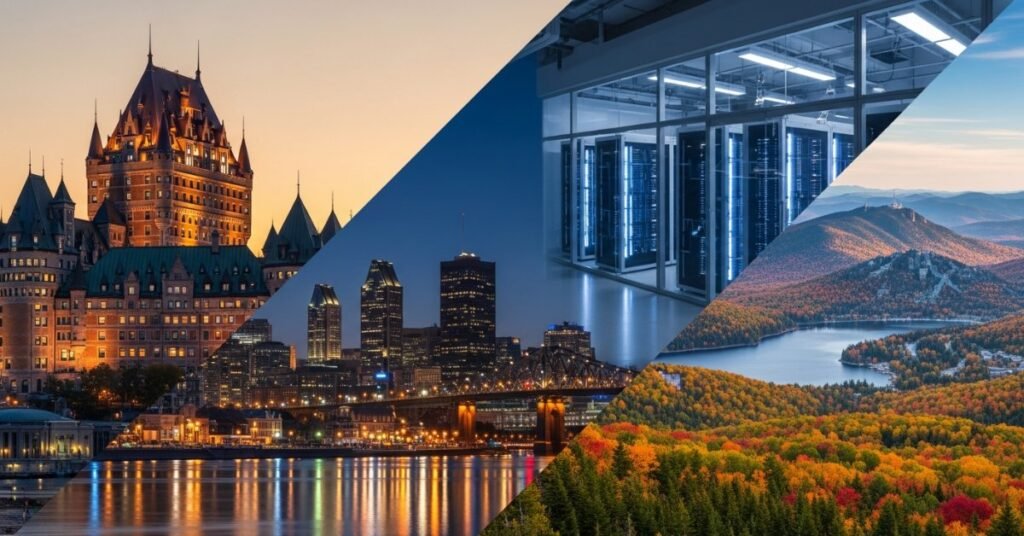 Колаж зображень провінції Квебек: архітектура Квебек-сіті, панорама Монреаля, технологічний хаб та природа Мон-Трамблан.