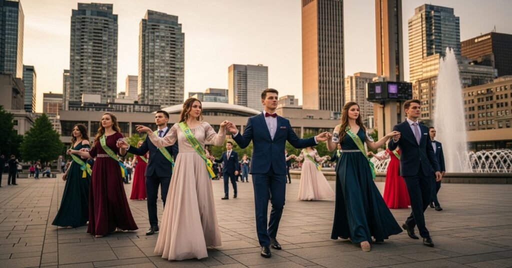 Українська молодь у вечірньому вбранні танцює випускний вальс на площі в центрі Торонто.