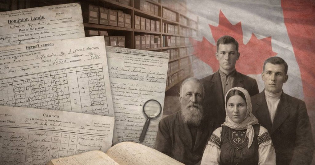 Колаж із зображенням української родини емігрантів початку XX століття, архівних документів Dominion Lands та прапора Канади. Згенеровано ШІ.