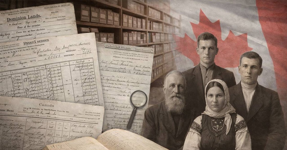 Колаж із зображенням української родини емігрантів початку XX століття, архівних документів Dominion Lands та прапора Канади. Згенеровано ШІ.